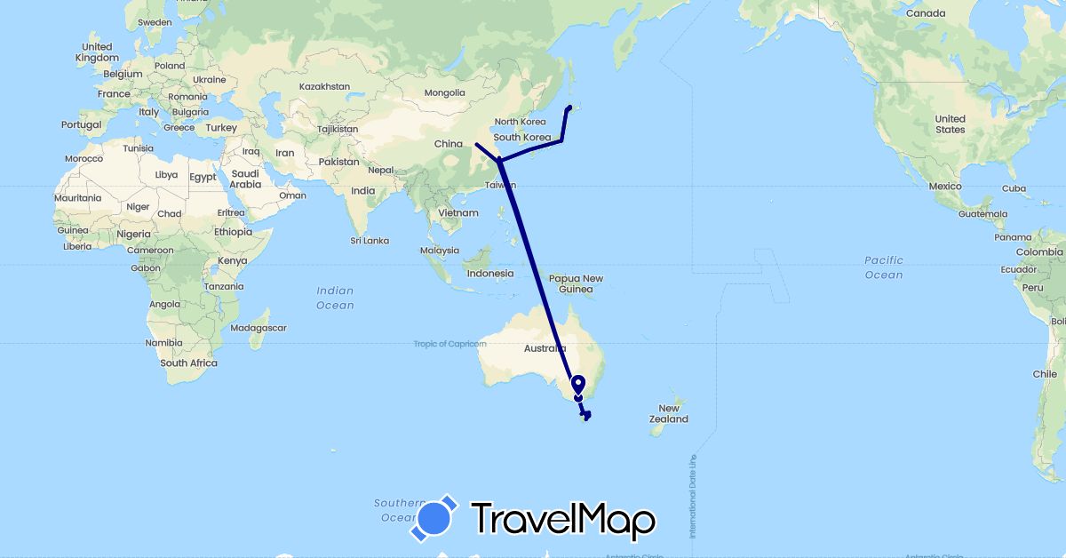 TravelMap itinerary: driving in Australia, China, Japan (Asia, Oceania)